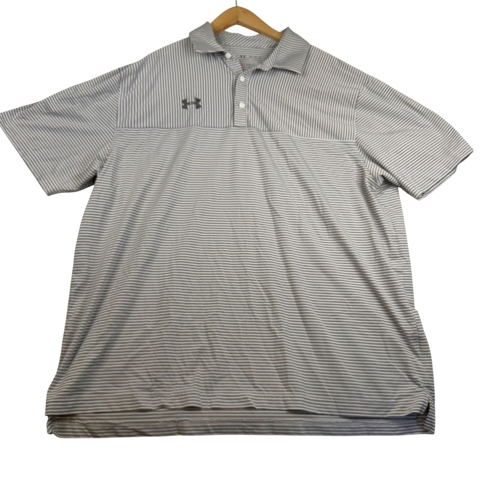 Under Armour HeatGear Mens 2XL Grey White Striped Loose Fit Polo Shirt 4390